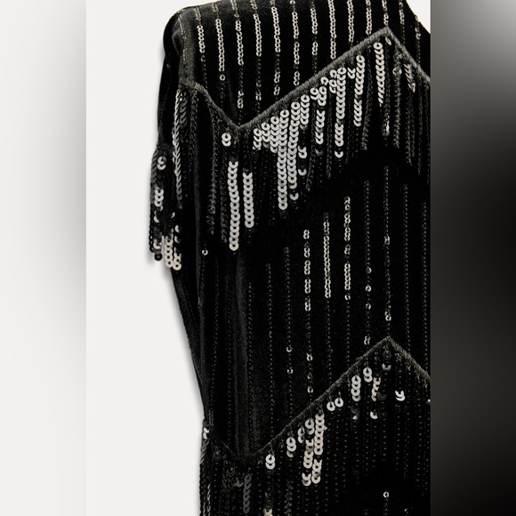 NWT. Zara Black Velvet Fringe and Sequin Mini Dress. Size M. - Picture 4 of 10